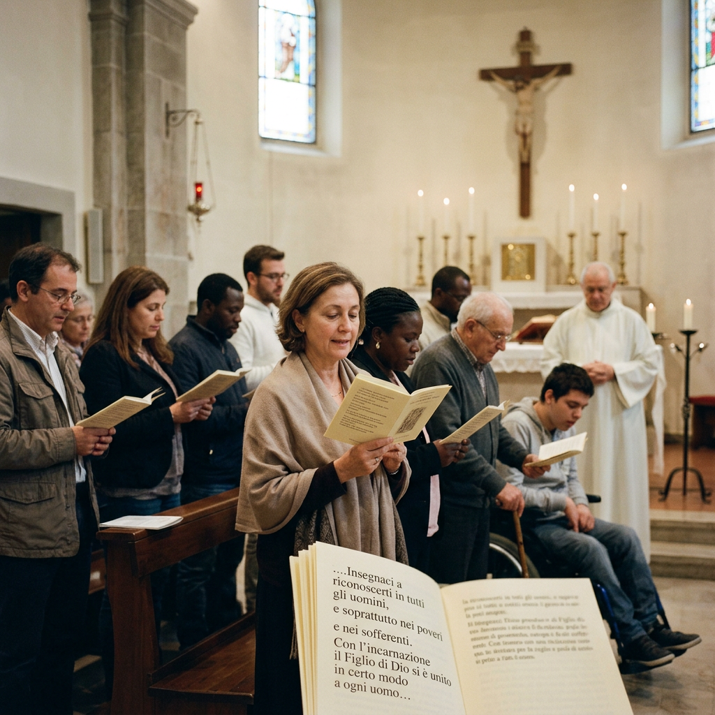 Congregation reading prayer books during a Catholic church service