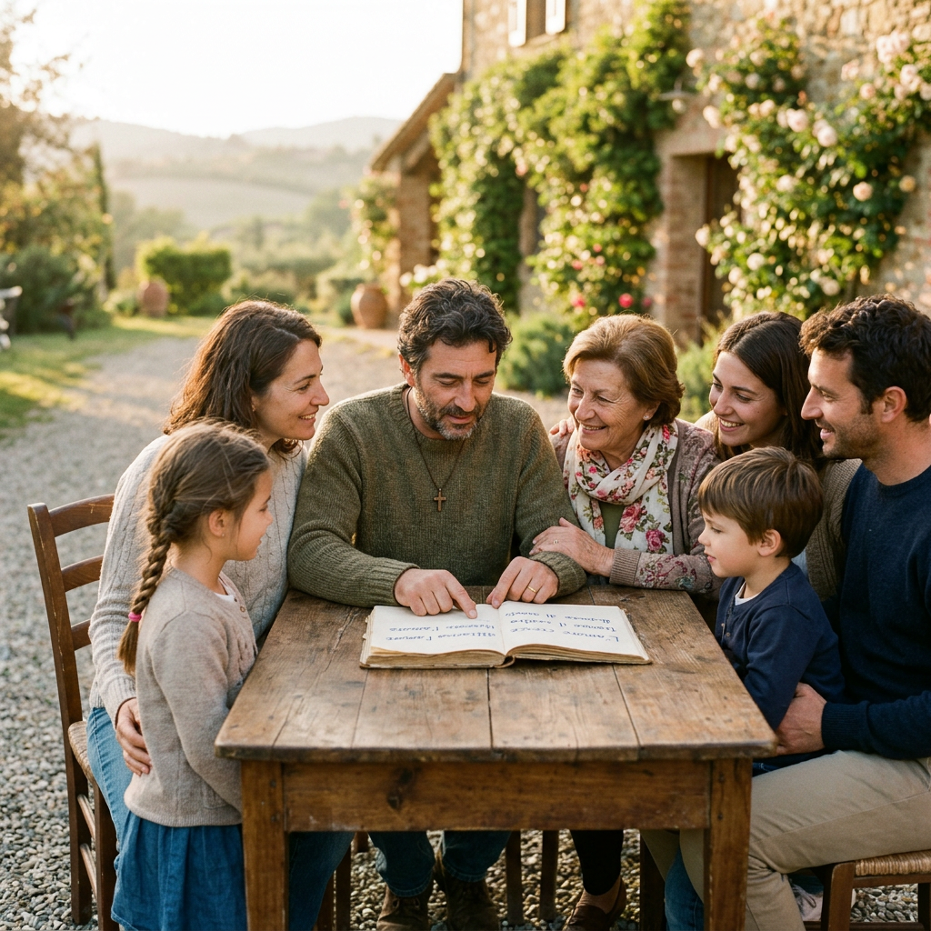 Multigenerational family reading an open book around a rustic outdoor table