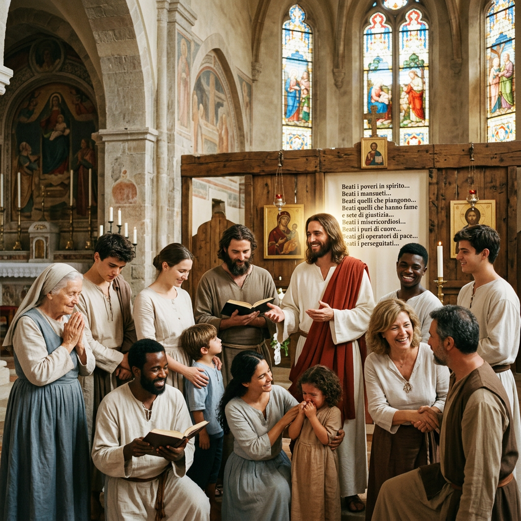 Diverse Christian congregation gathered in a church; visible text reads: "Beati i poveri in spirito... Beati i mansueti... Beati quelli che piangono... Beati quelli che hanno fame e sete di giustizia... Beati i misericordiosi... Beati i puri di cuore... Beati gli operatori di pace... Beati i perseguitati..."