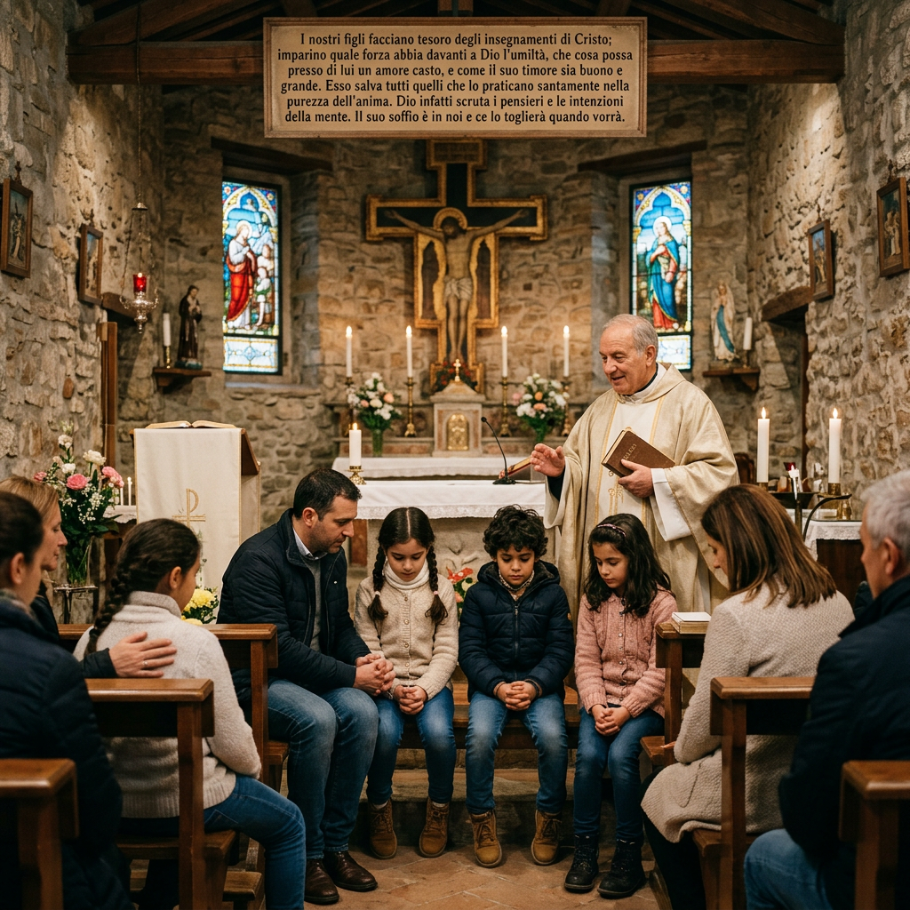 Priest with children in chapel; sign reads: "I nostri figli facciano tesoro degli insegnamenti di Cristo; imparino quale forza abbia davanti a Dio l'umiltà, che cosa possa presso di lui un amore casto, e come il suo timore sia buono e grande. Esso salva tutti quelli che lo praticano santamente nella purezza dell'anima. Dio infatti scruta i pensieri e le intenzioni della mente. Il suo soffio è in noi e ce lo toglierà quando vorrà."