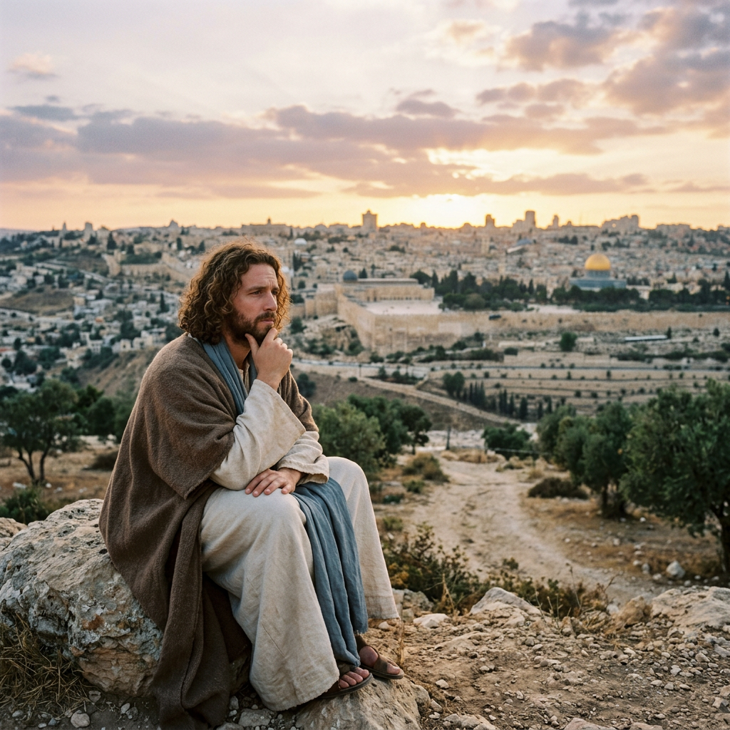 Bearded man in robes overlooking Jerusalem and the golden Dome of the Rock